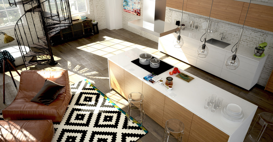 moderne, helle Küche aus Vogelperspektive, Kücheninsel aus Holz, schwarz weißer Teppich am Boden, Ledercouch und Beistelltisch, Wendeltreppe ins Obergeschoß
